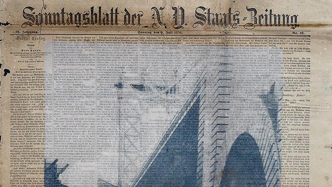 Liberty<br><small>cyanotype on a 19th century newspaper</small>
