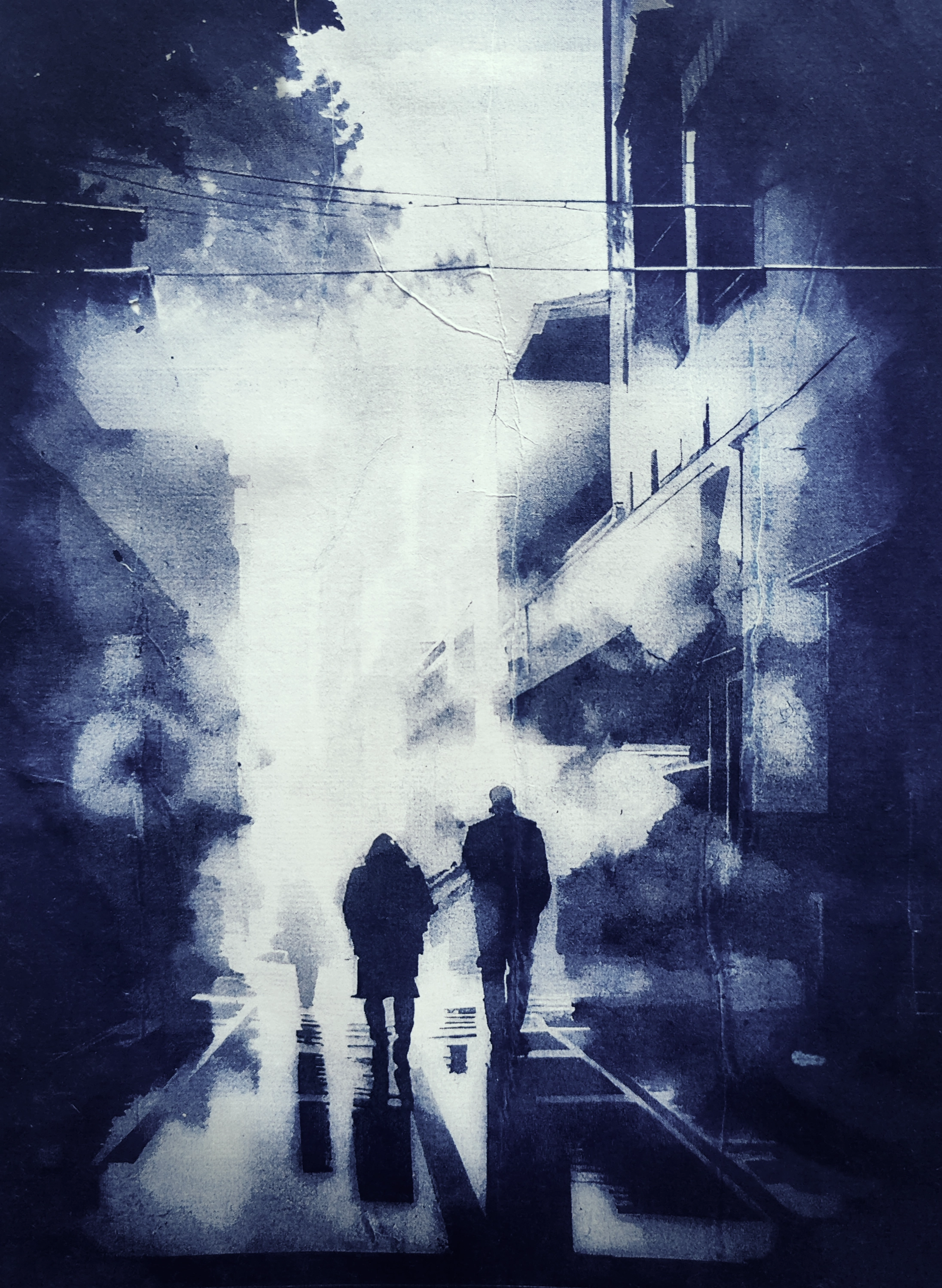 <br>Nachtszene<br><small>Cyanotypie, Pastell, Aquarell</small>