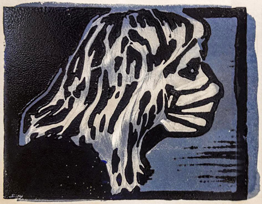 Social Distancing III<br><small>Linoprint on Cyanotype</small>